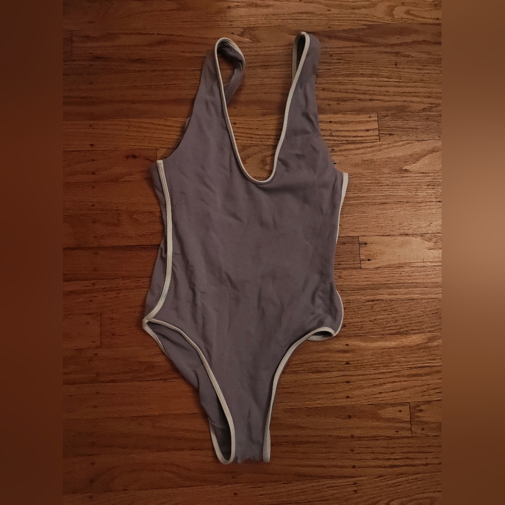 Offline By Aerie Real Me Lavender Open Back One-Piece Swimsuit with White Trim